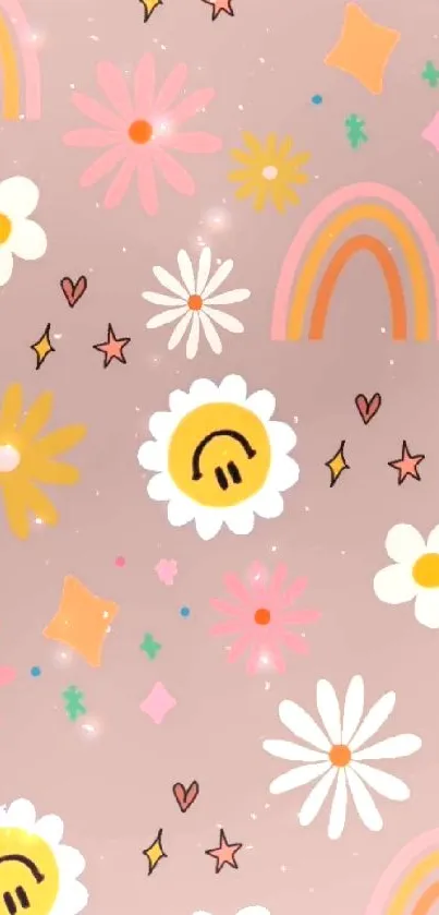 Vibrant floral wallpaper with daisies and rainbows.