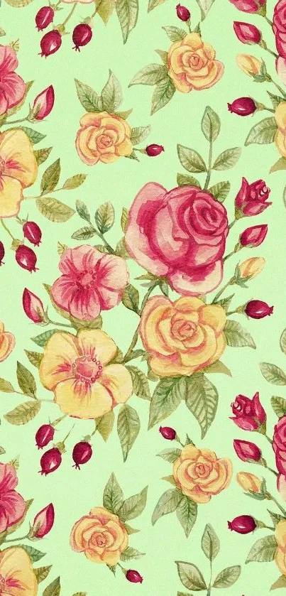 Elegant floral wallpaper with pink and yellow roses on a light green background.