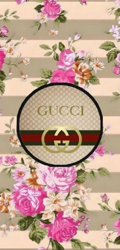 Elegant floral wallpaper with pink roses on beige stripes.