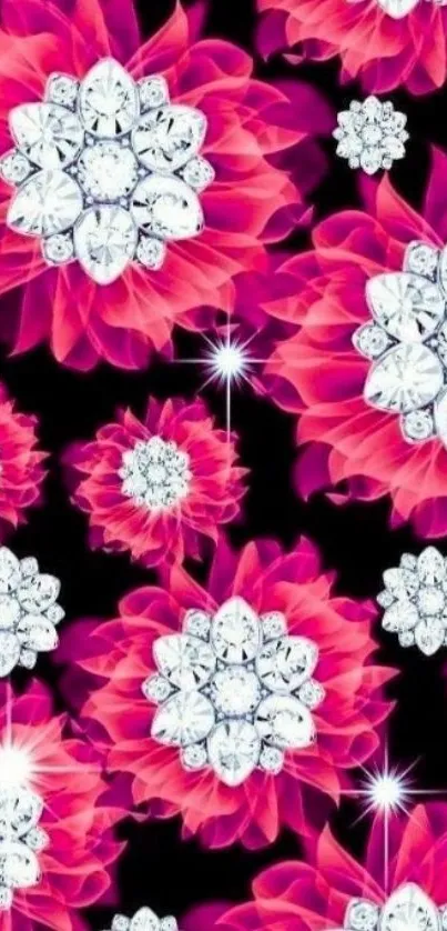 Pink floral wallpaper with diamond accents on black background.