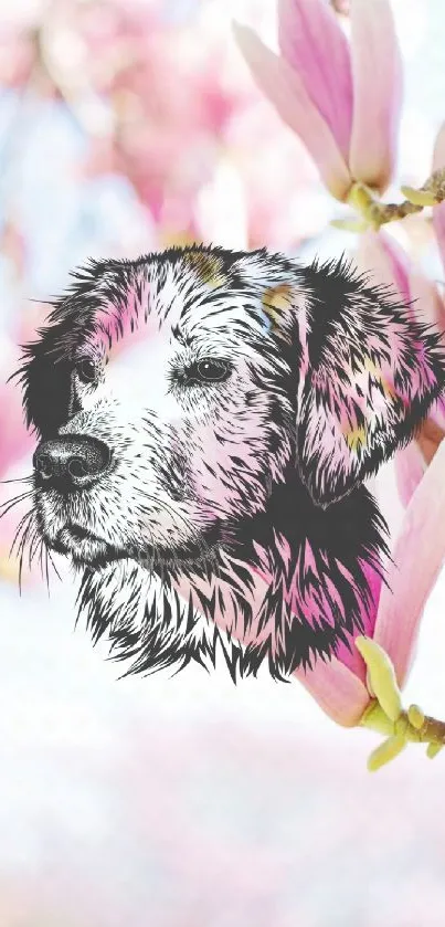 Artistic dog drawing with pink magnolia blossoms.