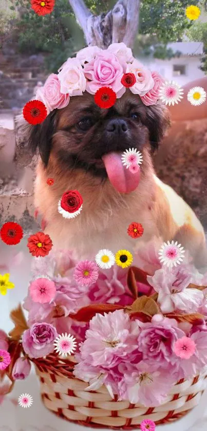 Adorable dog with a floral crown surrounded by colorful flowers.