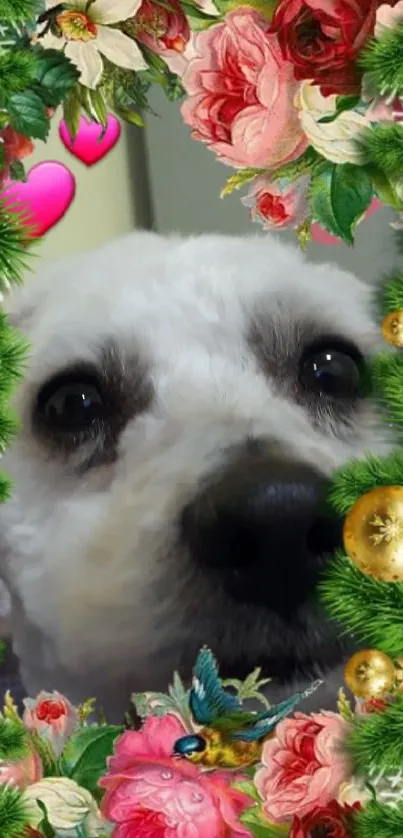 White dog's face surrounded by floral and heart decorations.