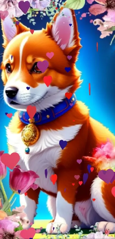 Vibrant dog surrounded by colorful flowers on a mobile wallpaper with blue background.