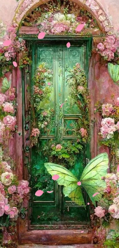 Fantasy green door with lush flowers and butterflies in an artistic wallpaper.