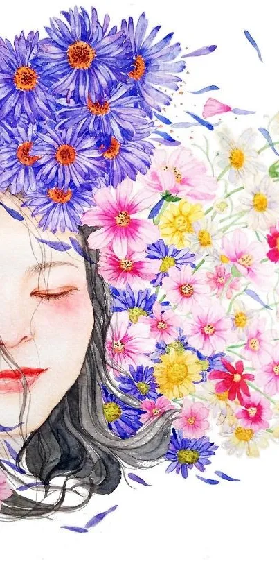 Artistic watercolor portrait with colorful flowers.