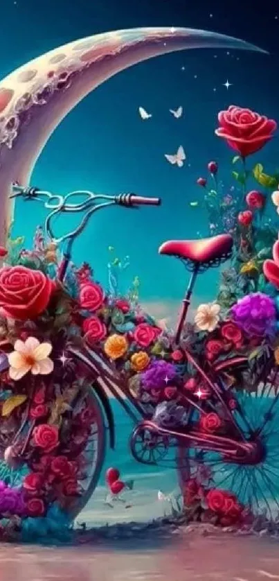 Dreamy bicycle with floral decor under a crescent moon.