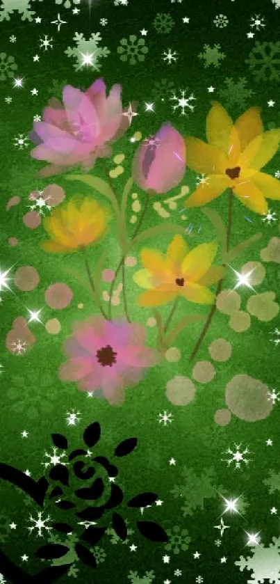 Vibrant floral design with pink and yellow flowers on a green background.