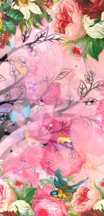 A vibrant pink and floral mobile wallpaper with an artistic design featuring flowers.