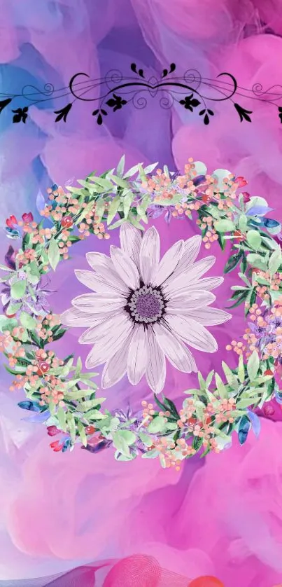 Floral wreath with pastel background featuring flowers and delicate petals.