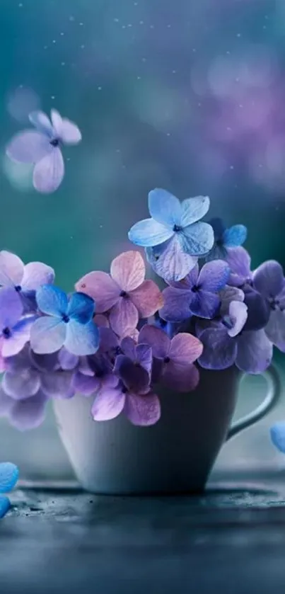 Purple and blue floral wallpaper with dreamlike blossoms in a cup.