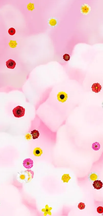 Pink cloud wallpaper with colorful floral accents.