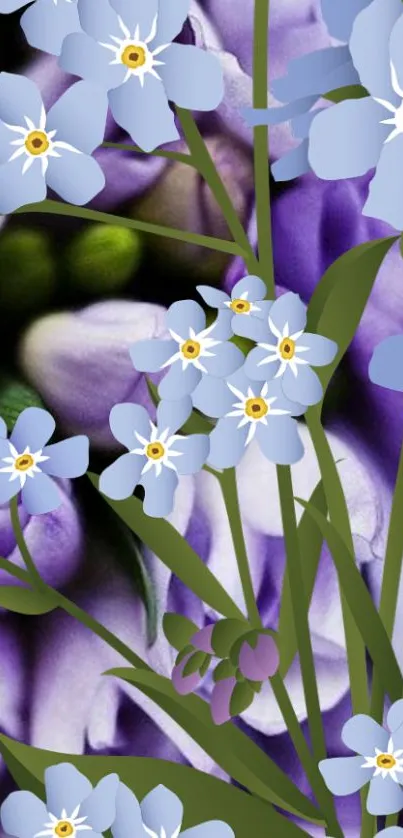 Purple and blue floral mobile wallpaper with green leaves.