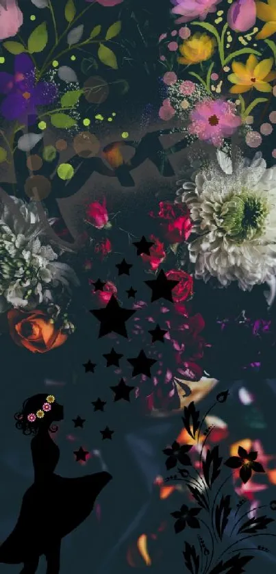 Artistic wallpaper with flowers and silhouette on dark background.