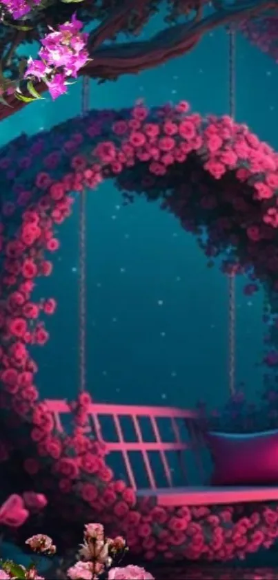 Floral swing surrounded by pink blossoms at night
