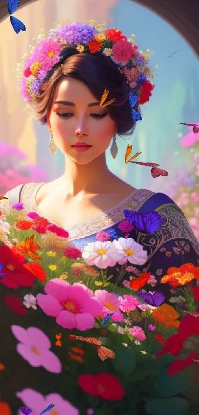 Elegant woman in traditional attire surrounded by vibrant flowers in a garden setting.