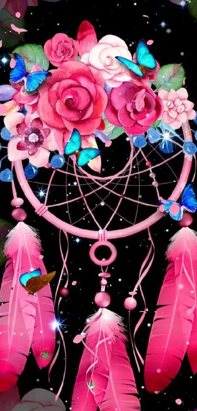 Dreamcatcher with pink flowers and blue butterflies.