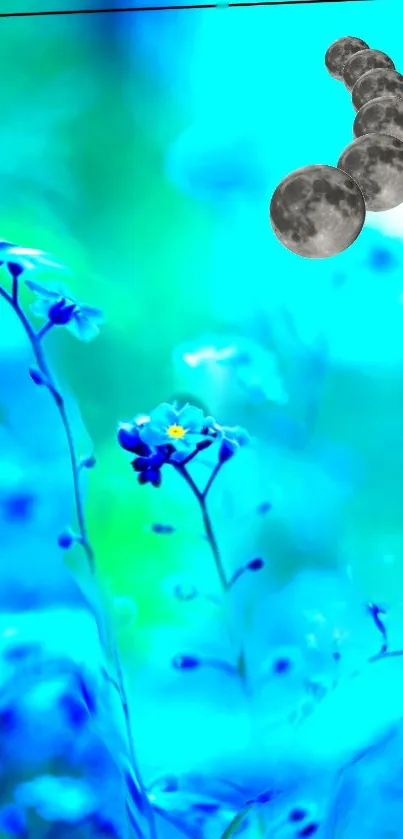 Blue floral mobile wallpaper with moon phases in artistic design.