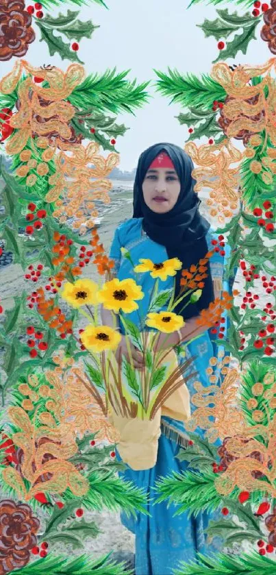 Decorative floral wallpaper with a human portrait.