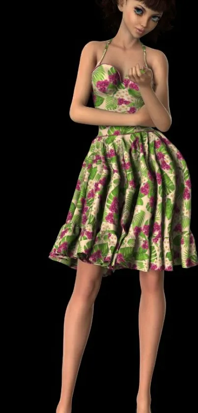 Cartoon character in floral dress on black background.