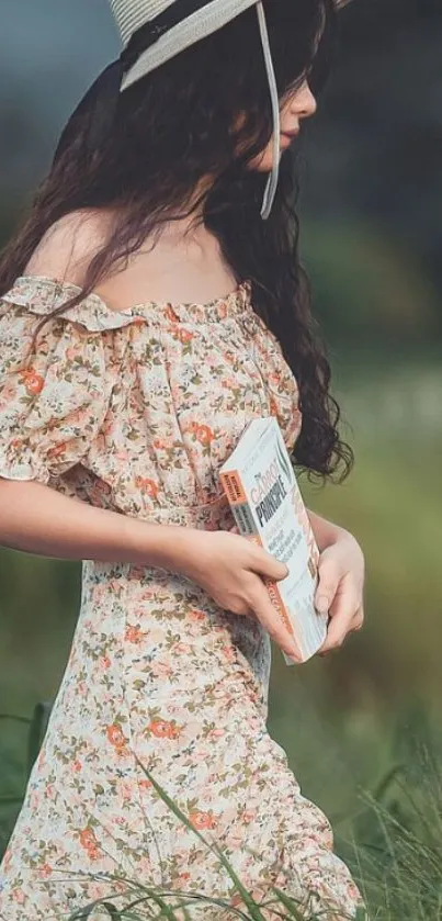 Girl in a floral dress holding a book outdoors.