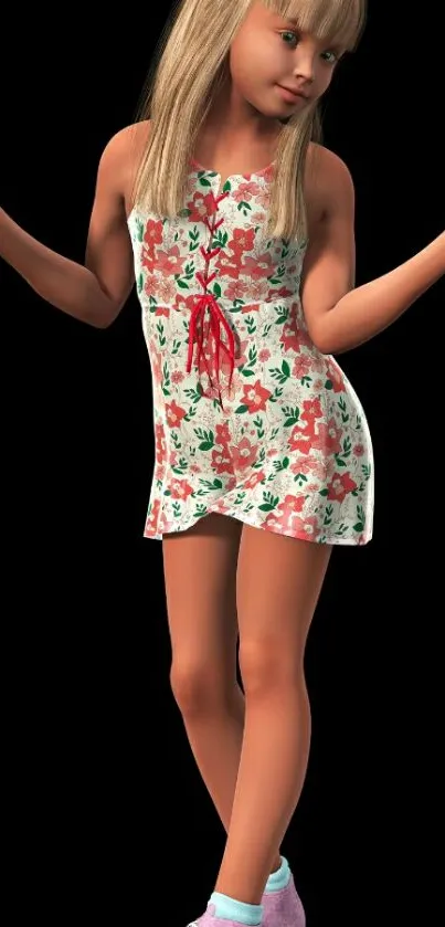 Girl in a floral dress on a black background wallpaper.