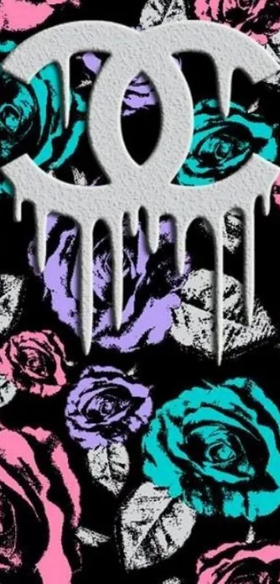 Floral print with dripping logo on phone wallpaper.