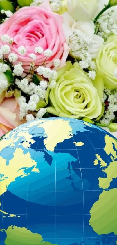 Vibrant mobile wallpaper featuring roses and an earth globe design.