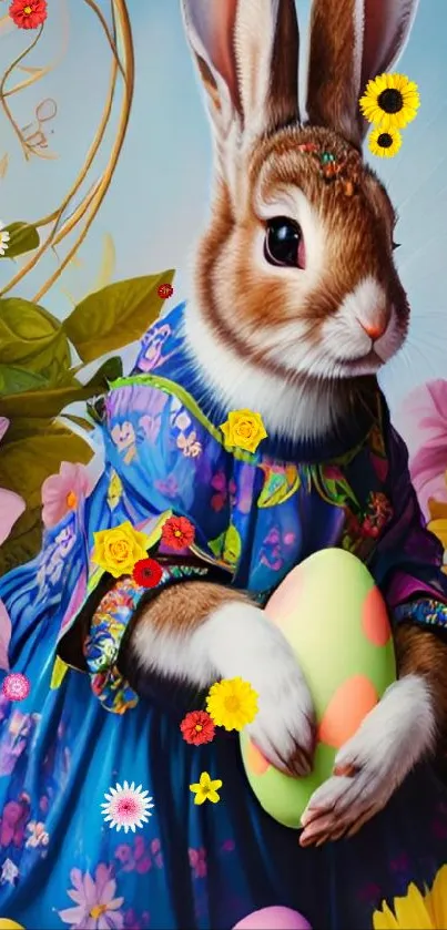 Bunny in floral dress with Easter eggs and flowers.