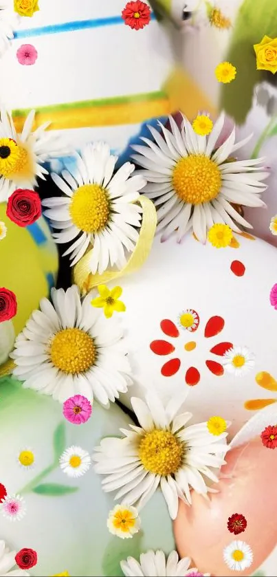 Colorful Easter eggs with daisies and roses creating a vibrant, festive scene.