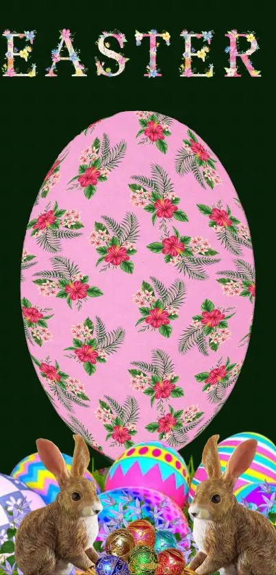 Easter wallpaper with floral egg and bunnies on dark background.