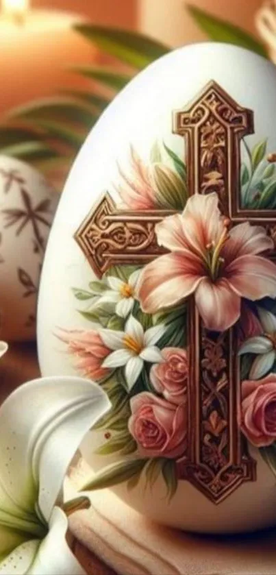 Floral Easter egg with lilies and roses design.