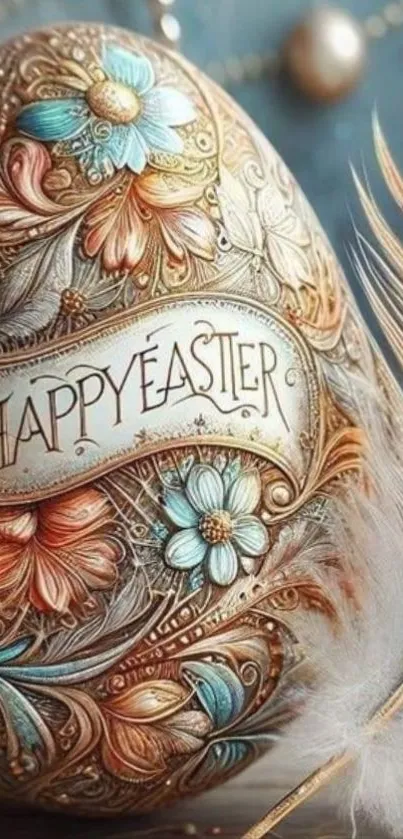 Intricate Easter egg with floral design on blue background.