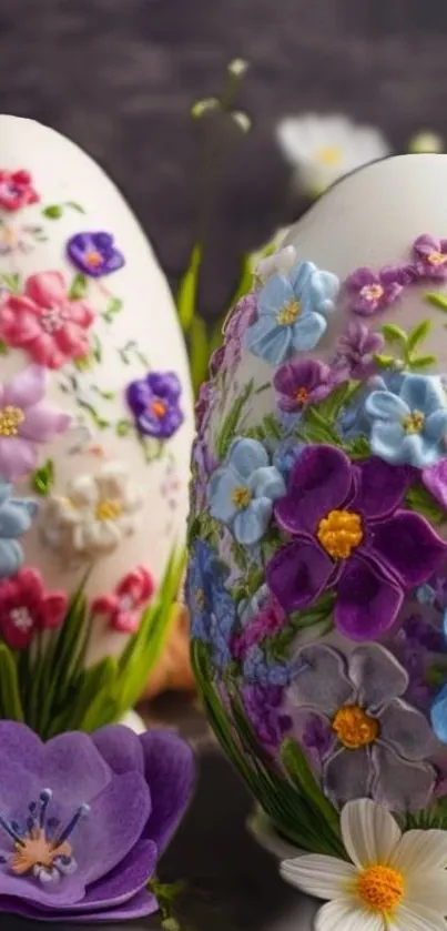 Decorative floral Easter eggs with purple and pink flowers.