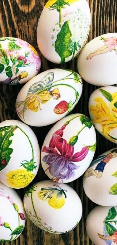 Floral Easter eggs on rustic wooden background wallpaper.