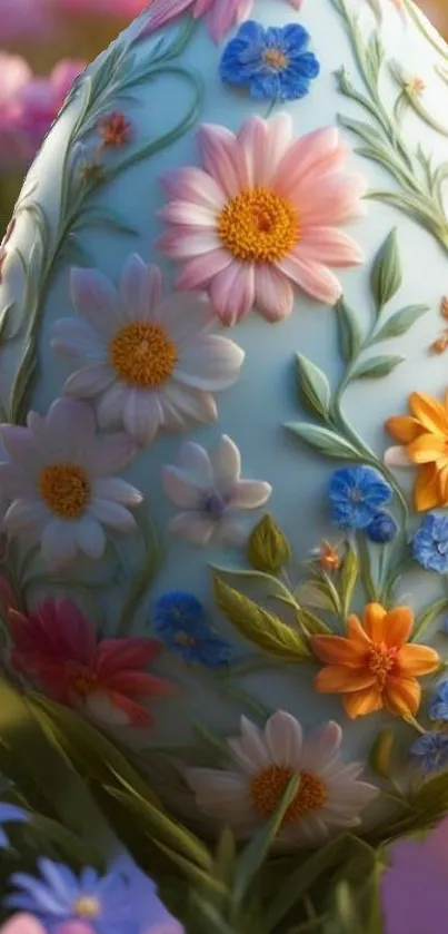 Intricate floral design on an egg-shaped art piece.