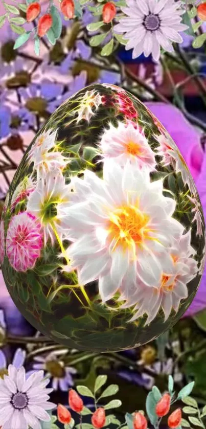 Fantasy wallpaper with floral egg surrounded by colorful flowers.