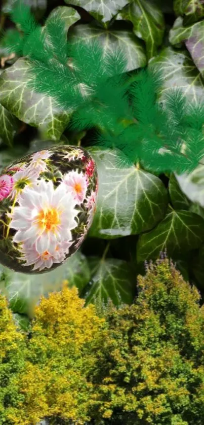 A decorative floral egg amongst lush green leaves.