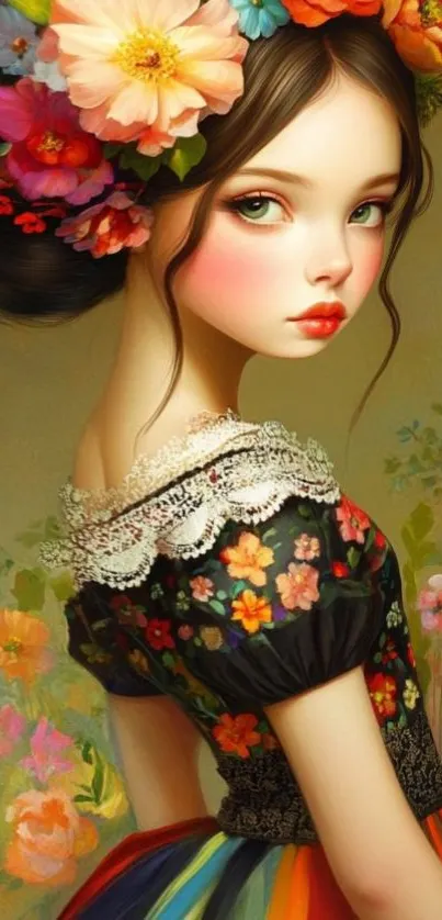 Elegant woman with floral crown in vibrant art design.