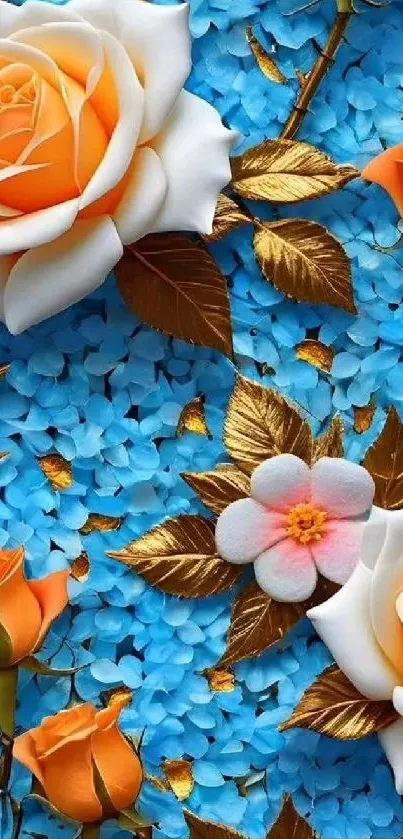 Orange and white roses with gold leaves on blue background.