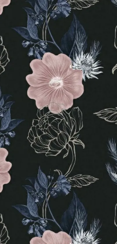 Dark floral wallpaper with pink flowers and blue leaves.