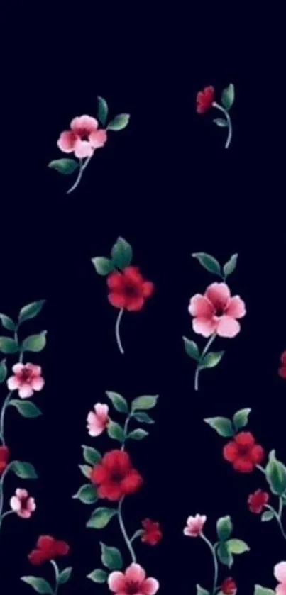 Dark blue wallpaper with red and pink floral design.