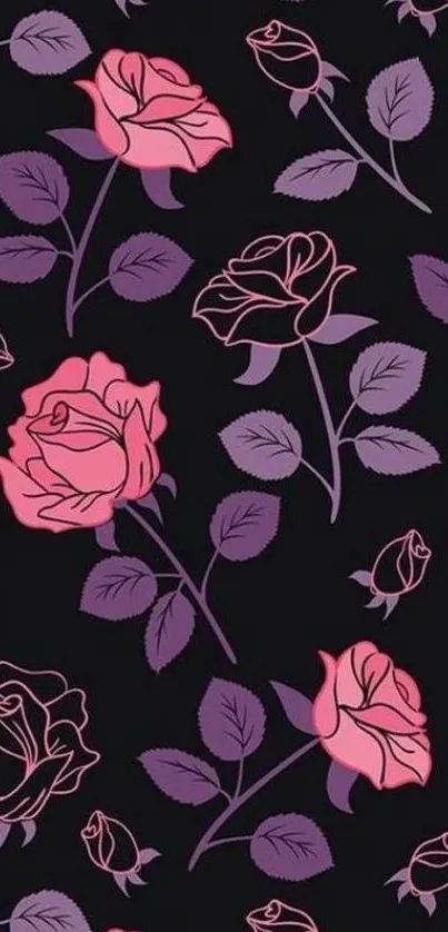 Dark wallpaper with elegant pink and purple floral design.