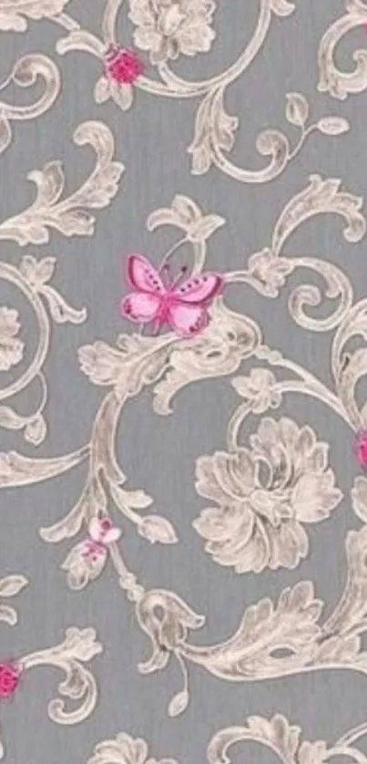 Elegant floral gray wallpaper with pink butterflies.