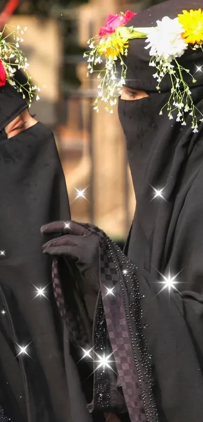 Two people in black niqabs with floral crowns under outdoor setting.