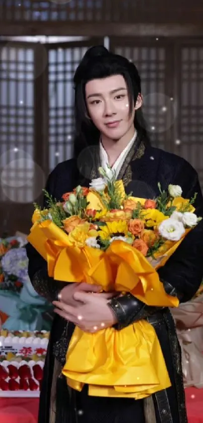 Person in traditional attire holding a vibrant bouquet with a yellow ribbon.