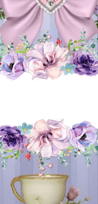 Elegant floral mobile wallpaper with pastel purple tones and charming bow.