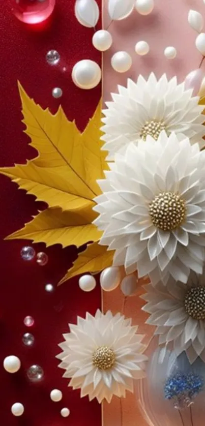 Floral wallpaper with white flowers and autumn leaves.