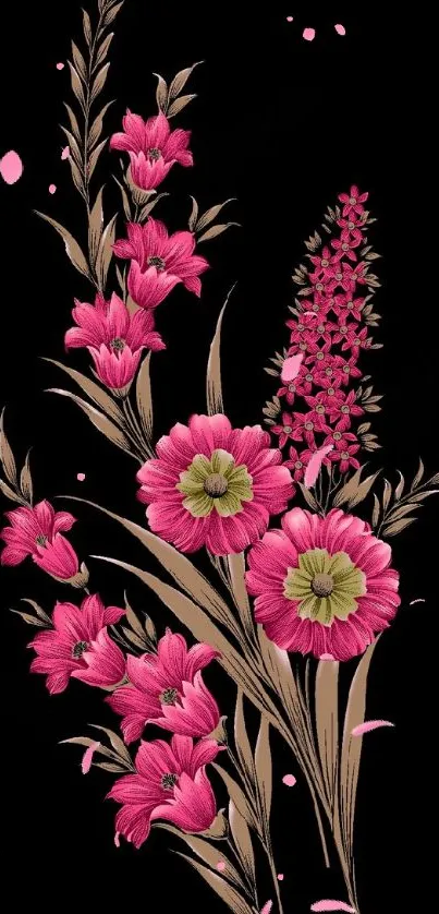 Elegant floral wallpaper with pink flowers on black background.