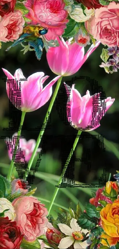 Pink tulips with a floral background of roses on a mobile wallpaper.